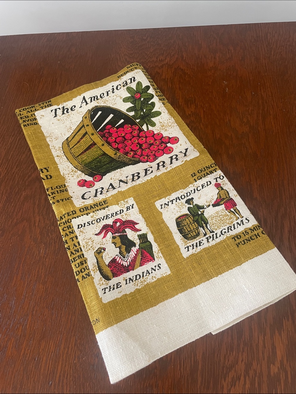 Cranberry Print Kitchen Towel in Mustard and White - Vintage Style